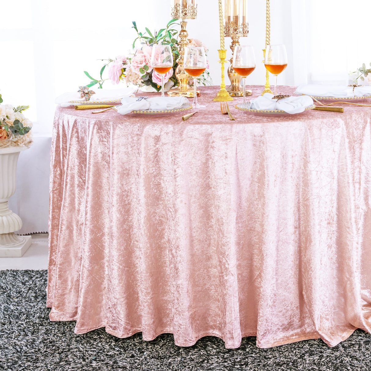 Round Ice Crushed Velvet Tablecloth 120" Blush Pink/Rose Gold
