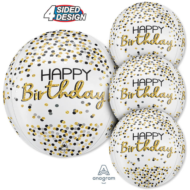 Birthday Orbz Foil Balloon 16 Inch Black Silver Gold