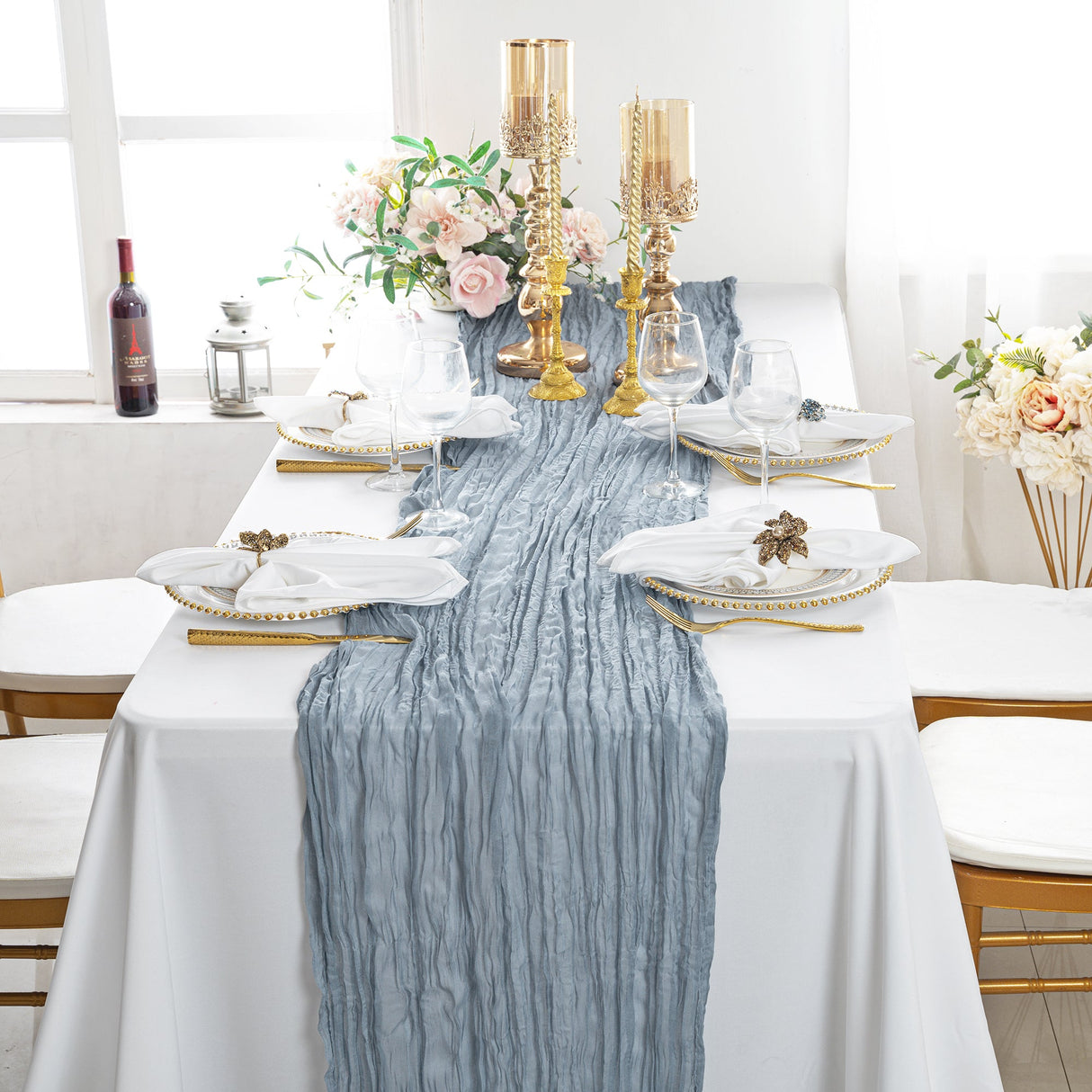 Premium Gauze Cheesecloth Table Runner 10 ft x 38 in Dusty Blue