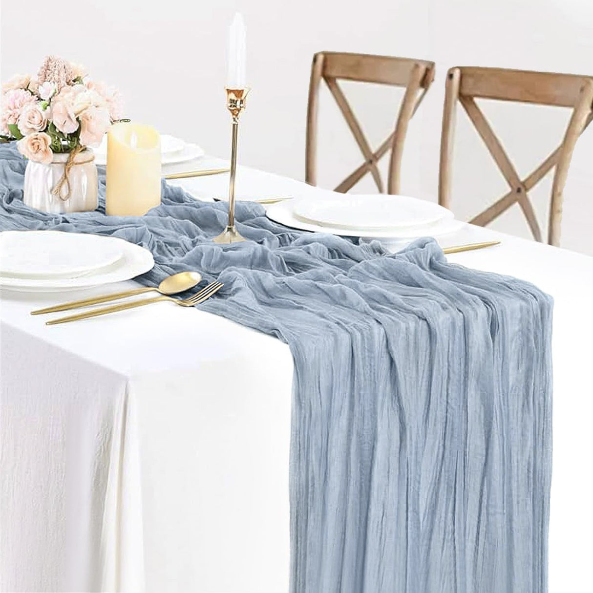 Premium Gauze Cheesecloth Table Runner 10 ft x 38 in Dusty Blue