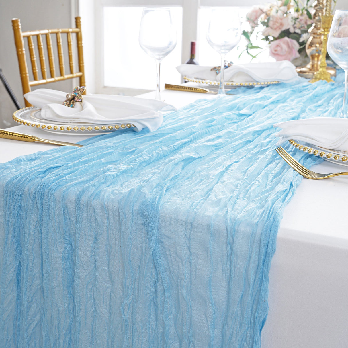 Cheesecloth Table Runner 10 ft x 38 in Baby Blue