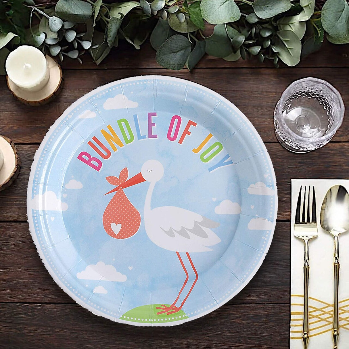 8 Ct. Bundle of Joy Stork Paper Dessert Plates 7" Baby Shower Party Tableware