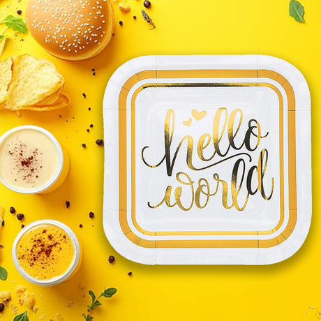 8 Count Oh Baby Gold Hello World Square Dessert Plates 7" Baby Shower Paper Plates