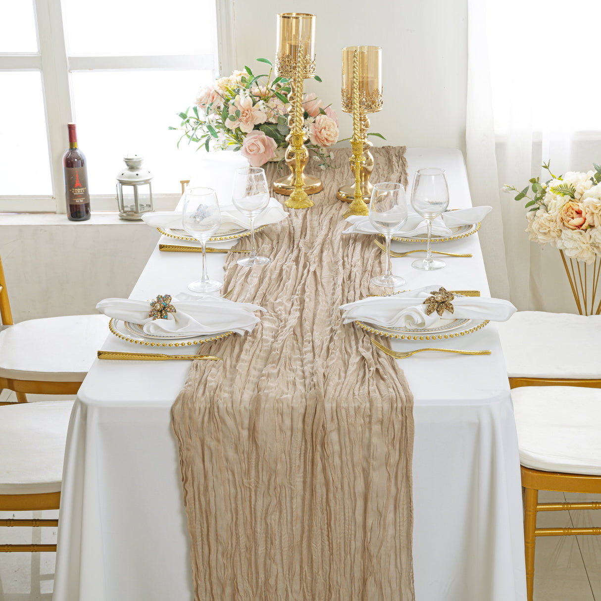 Premium Gauze Cheesecloth Table Runner 10 ft x 38 in Latte/Taupe