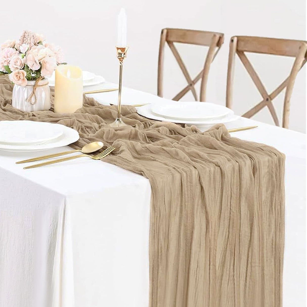 Premium Gauze Cheesecloth Table Runner 10 ft x 38 in Latte/Taupe