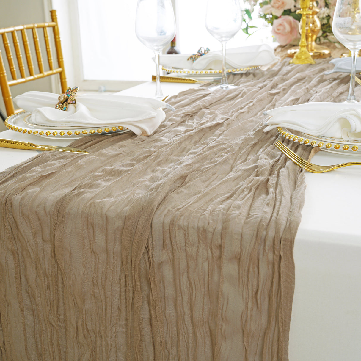 Premium Gauze Cheesecloth Table Runner 10 ft x 38 in Latte/Taupe