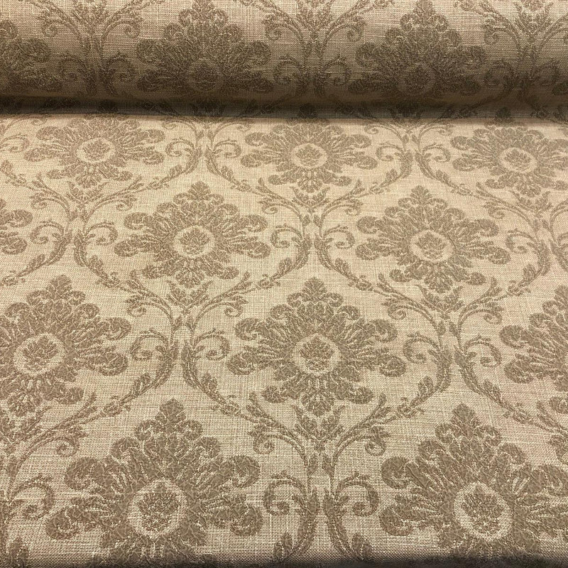 Sonia Damask Toast Chenille Upholstery Fabric - Mocha On Latte Damask Floral, 55" Width (1 Yard)