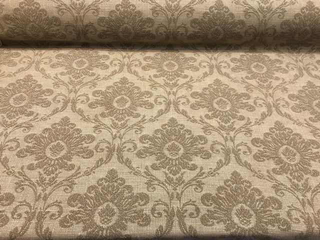 Sonia Damask Toast Chenille Upholstery Fabric - Mocha On Latte Damask Floral, 55" Width (1 Yard)