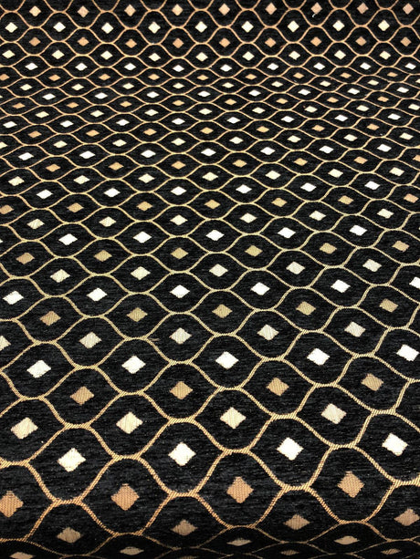 Black Gold Mini Diamond Chenille Fabric - Black Gold Mini Diamond Pattern, 56" Width (1 Yard)