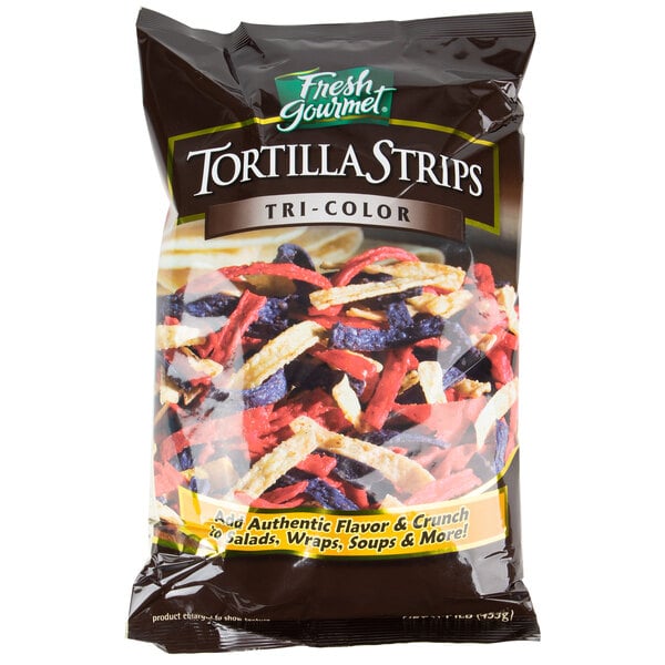 Fresh Gourmet Tri-Color Tortilla Strips 1 lb. Bag - 10/Case
