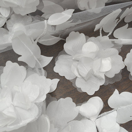 3D Floral Lace Fabric - Embroidered 100 Percent Polyester Tulle, 3D Satin Flowers And Leaves, 60" Width (1 Yard)