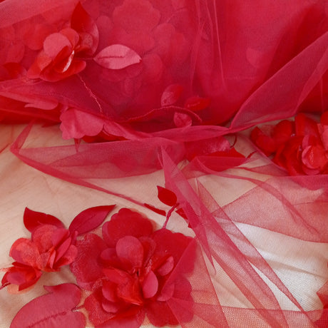 3D Floral Lace Fabric - Embroidered 100 Percent Polyester Tulle, 3D Satin Flowers And Leaves, 60" Width (1 Yard)
