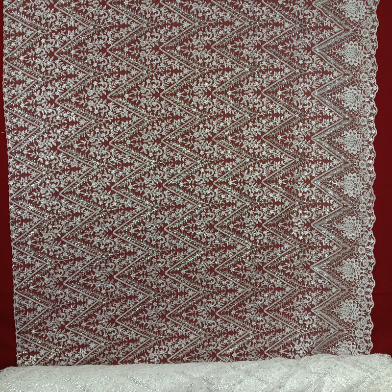1 Yard Ivory Beaded and Sequined Lace Fabric Embroidered on 100 Percent Polyester Net Mesh 52 Inch Width