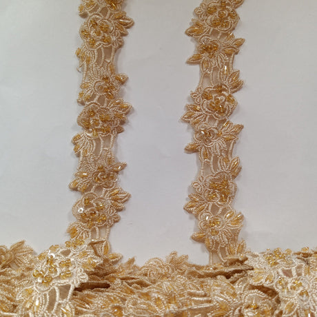Beaded Lace Trimming Embroidered On 100 Percent Polyester Organza Fabric - Silver, 1.5" Width (1 Yard)
