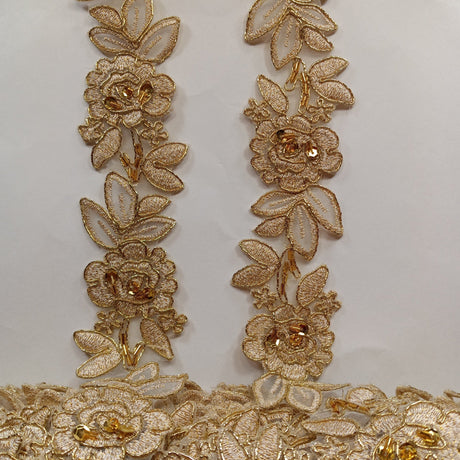 Beaded Corded Lace Trimming Polyester Fabric - Embroidered Floral, 1.5" Width (1 Yard)