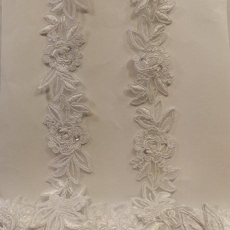 Beaded Corded Lace Trimming Polyester Fabric - Embroidered Floral, 1.5" Width (1 Yard)