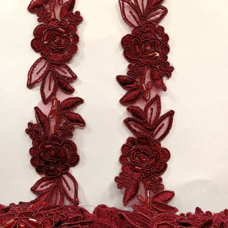 Beaded Corded Lace Trimming Polyester Fabric - Embroidered Floral, 1.5" Width (1 Yard)