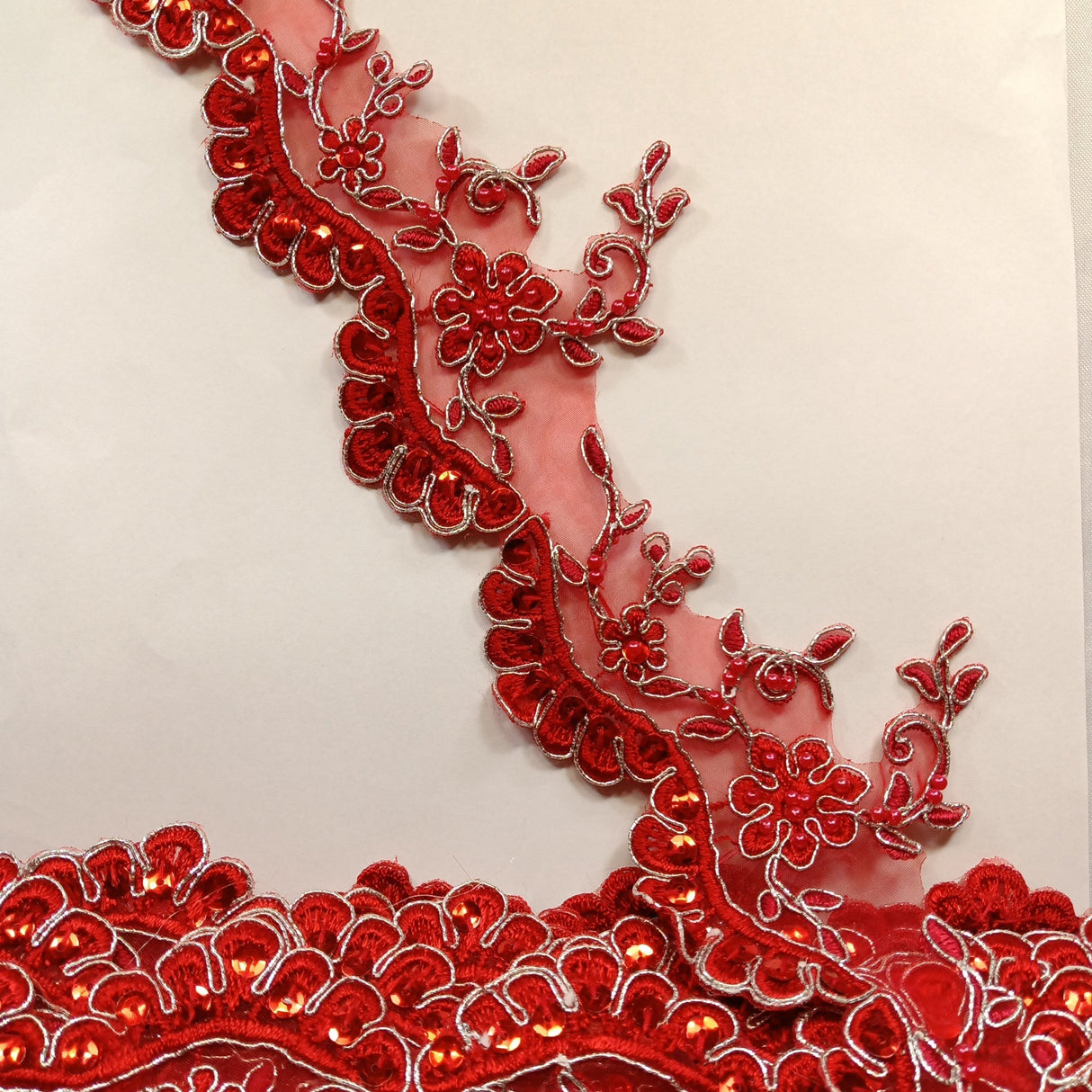 Beaded Corded Lace Trimming Polyester Fabric - Embroidered, 3.25" Width, Multiple Colors (1 Yard)