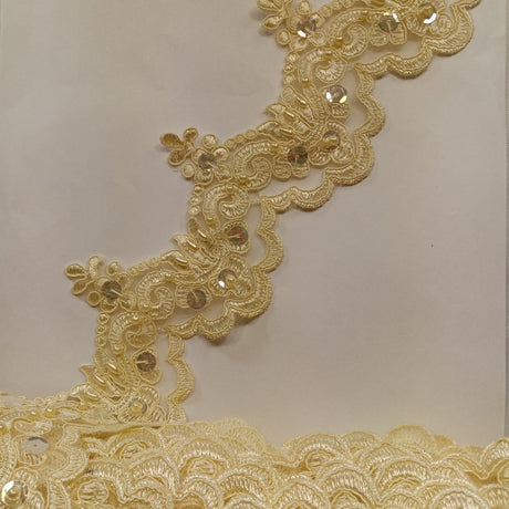Beaded Corded Lace Trimming 100 Percent Polyester Net Mesh Fabric - Embroidered, 3" Wide, Multiple Colors (1 Yard)