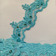 Beaded & Corded Lace Trimming Embroidered On 100% Polyester Organza Fabric - Aqua, 3" Width (1 Yard)