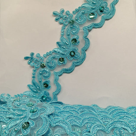 Beaded & Corded Lace Trimming Embroidered On 100% Polyester Organza Fabric - Aqua, 3" Width (1 Yard)