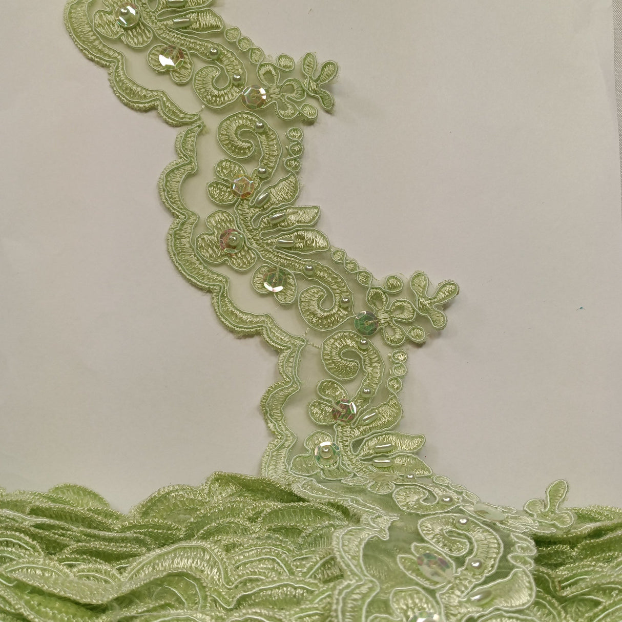 Beaded & Corded Lace Trimming Embroidered On 100% Polyester Organza Fabric - Aqua, 3" Width (1 Yard)