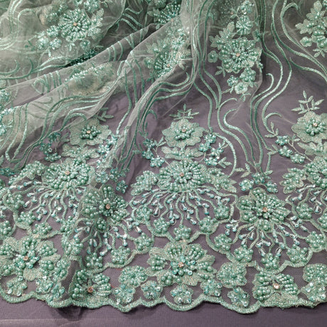Beaded Lace Fabric on Polyester Net Mesh