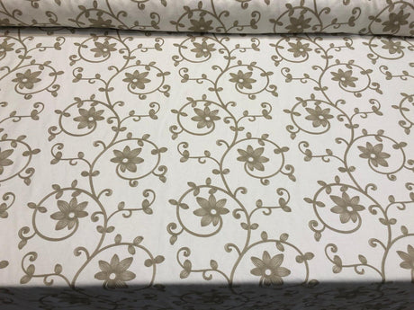 Everett Natural Floral Embroidered Cotton Blend Fabric - Natural Floral Embroidery, 54" Width (1 Yard)