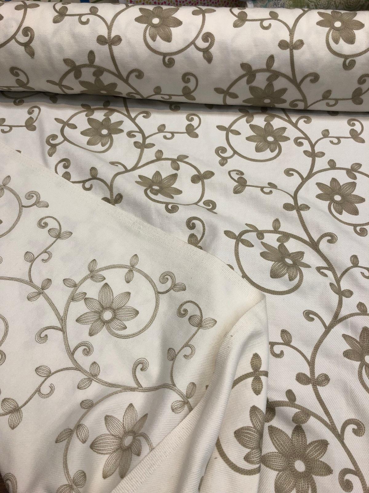 Everett Natural Floral Embroidered Cotton Blend Fabric - Natural Floral Embroidery, 54" Width (1 Yard)