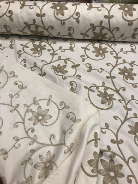Everett Natural Floral Embroidered Cotton Blend Fabric - Natural Floral Embroidery, 54" Width (1 Yard)