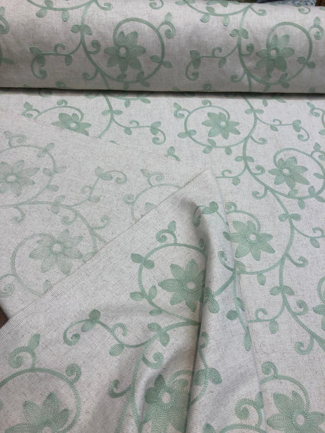 Everett Spa Blue Floral Embroidered Cotton Blend Fabric - Spa Blue Floral Embroidery, 54" Width (1 Yard)