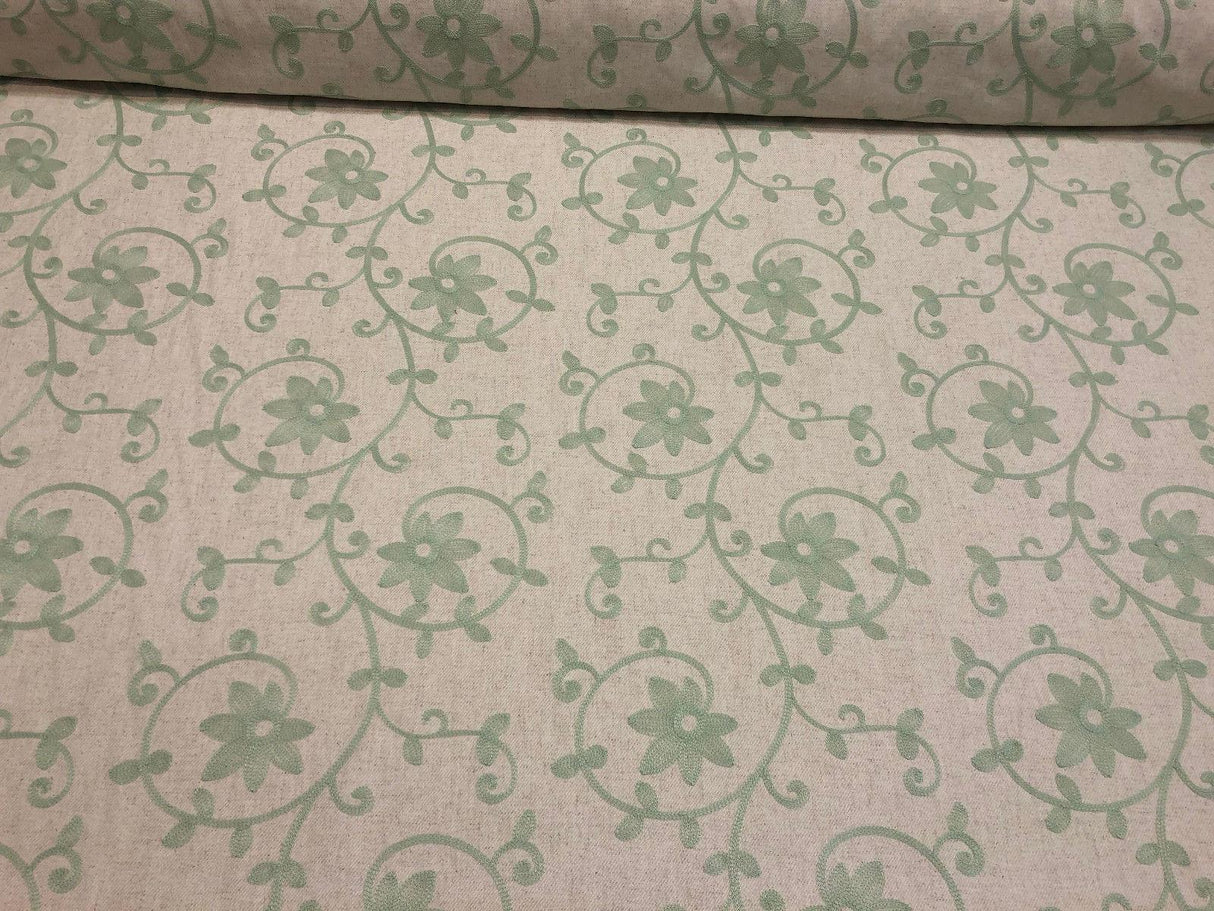 Everett Spa Blue Floral Embroidered Cotton Blend Fabric - Spa Blue Floral Embroidery, 54" Width (1 Yard)