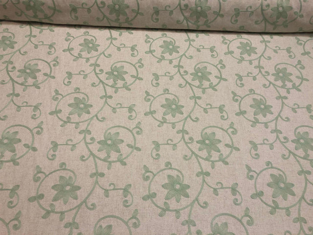 Everett Spa Blue Floral Embroidered Cotton Blend Fabric - Spa Blue Floral Embroidery, 54" Width (1 Yard)