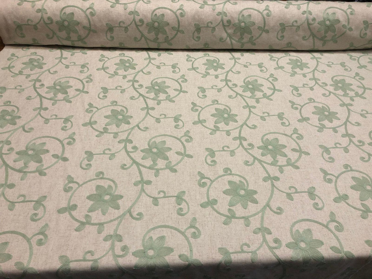 Everett Spa Blue Floral Embroidered Cotton Blend Fabric - Spa Blue Floral Embroidery, 54" Width (1 Yard)