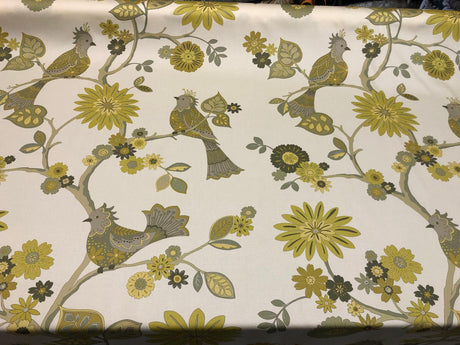 Richloom Soprano Cotton Fabric - Yellow Floral Bird Vine Oriental Twill, 54" Width (1 Yard)