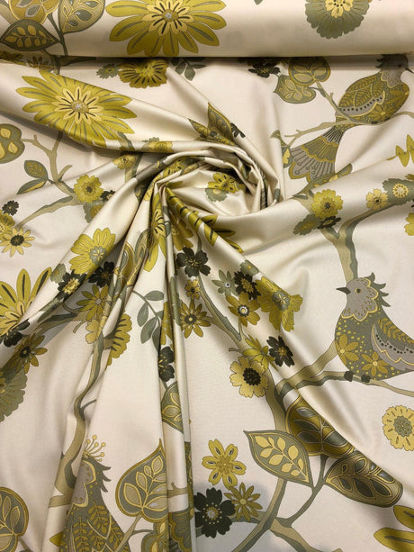 Richloom Soprano Cotton Fabric - Yellow Floral Bird Vine Oriental Twill, 54" Width (1 Yard)
