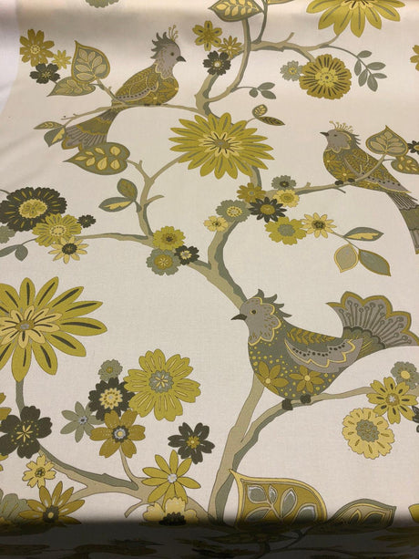 Richloom Soprano Cotton Fabric - Yellow Floral Bird Vine Oriental Twill, 54" Width (1 Yard)