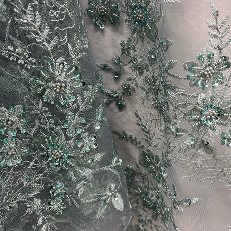 Beaded Floral Lace Fabric on Polyester Net Mesh