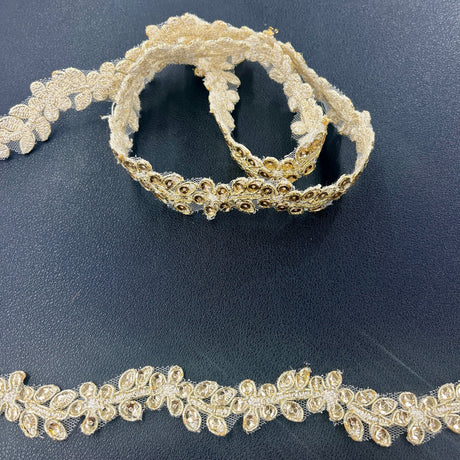 Beaded And Corded Lace Trimming Polyester Fabric - Embroidered Net Mesh, White, Silver, Gold, 1" Wide (1 Yard)