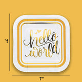 8 Count Oh Baby Gold Hello World Square Dessert Plates 7" Baby Shower Paper Plates