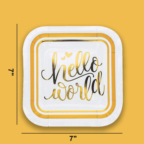 8 Count Oh Baby Gold Hello World Square Dessert Plates 7" Baby Shower Paper Plates