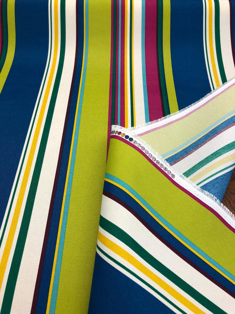 Richloom Thailand Stripe Polyester Fabric - Blue Green Yellow And Lavender Stripe, 54" Width, 15" Vertical Repeat (1 Yard)