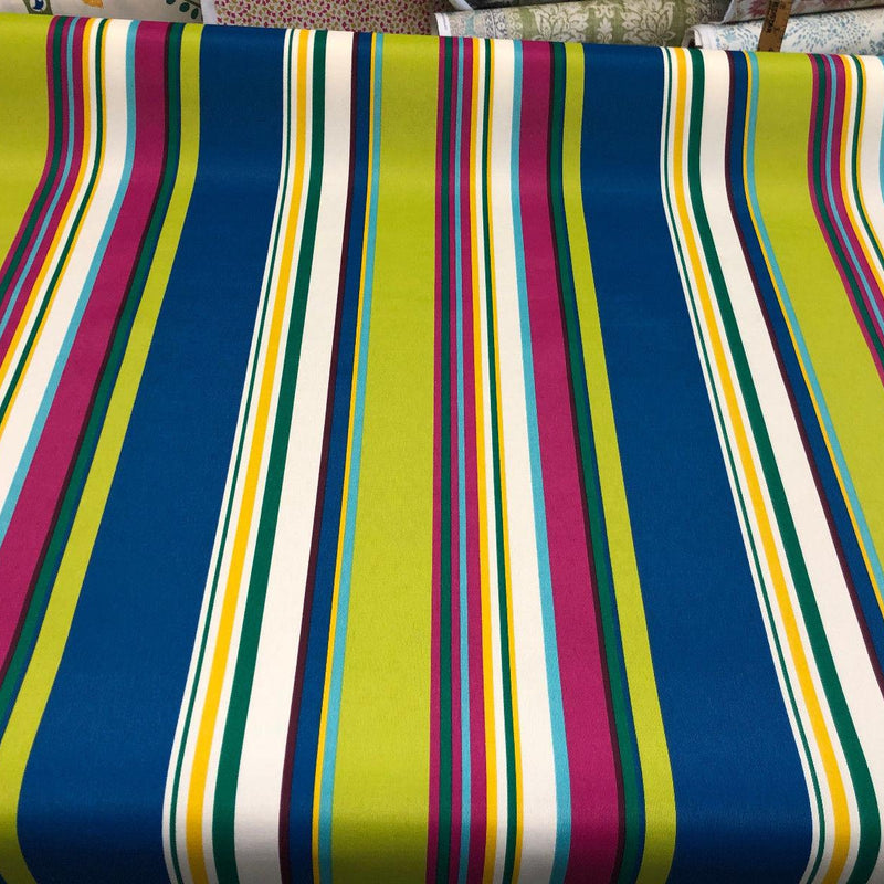 Richloom Thailand Stripe Polyester Fabric - Blue Green Yellow And Lavender Stripe, 54" Width, 15" Vertical Repeat (1 Yard)