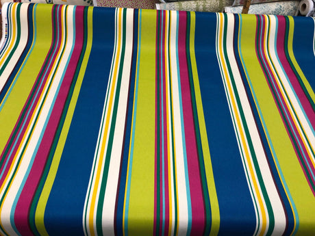 Richloom Thailand Stripe Polyester Fabric - Blue Green Yellow And Lavender Stripe, 54" Width, 15" Vertical Repeat (1 Yard)