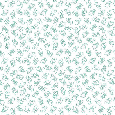 Cotton Print Flutter By White/Teal Fabric 44/45
