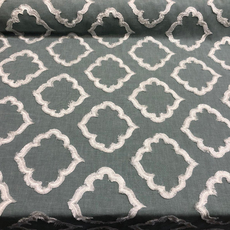 Adana Spa Blue Fully Embroidered Poly Fabric - Spa Blue Geometric Embroidery, 55" Width (1 Yard)