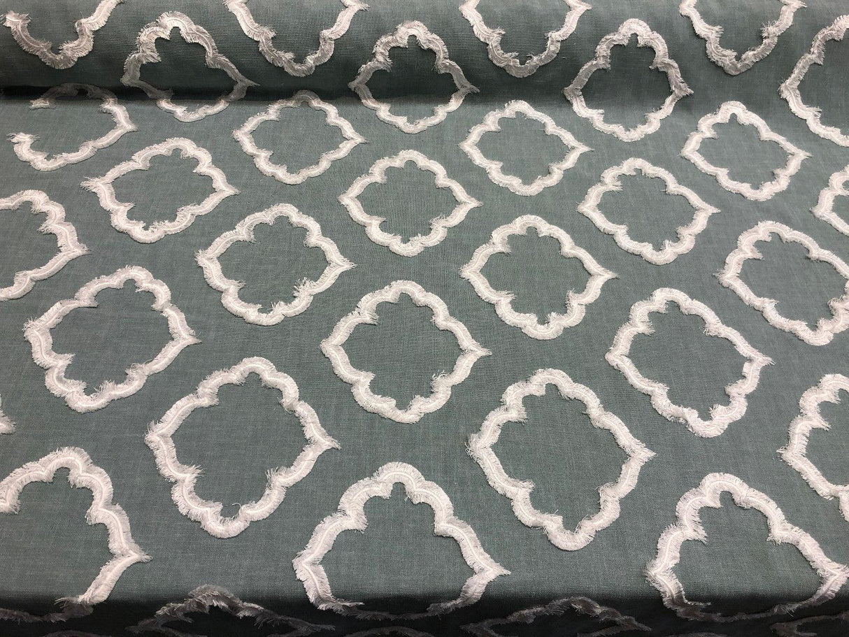 Adana Spa Blue Fully Embroidered Poly Fabric - Spa Blue Geometric Embroidery, 55" Width (1 Yard)