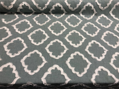 Adana Spa Blue Fully Embroidered Poly Fabric - Spa Blue Geometric Embroidery, 55" Width (1 Yard)