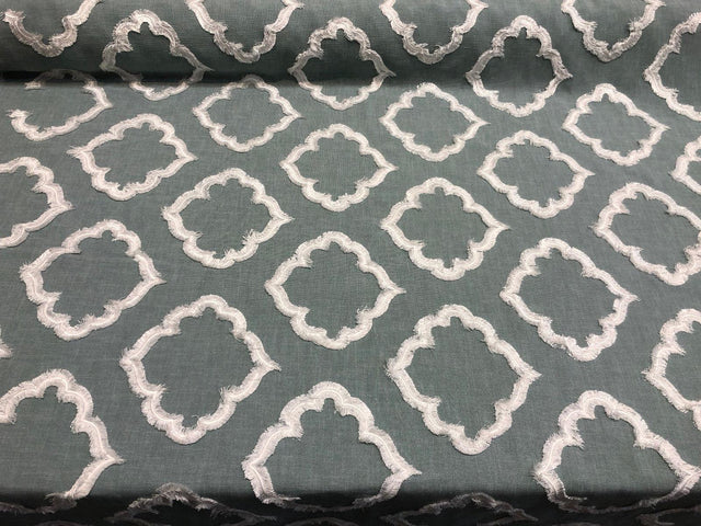 Adana Spa Blue Fully Embroidered Poly Fabric - Spa Blue Geometric Embroidery, 55" Width (1 Yard)