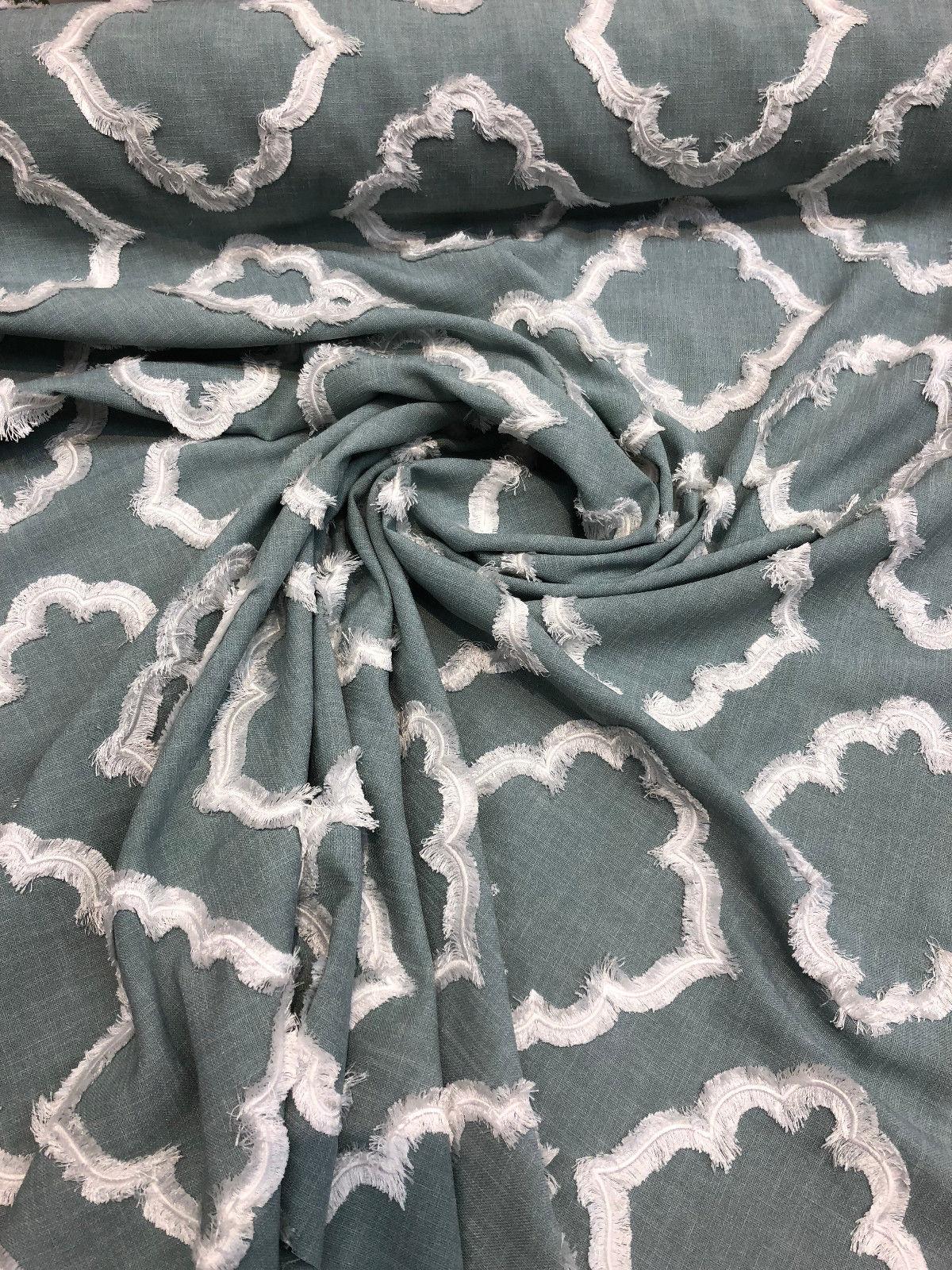 Adana Spa Blue Fully Embroidered Poly Fabric - Spa Blue Geometric Embroidery, 55" Width (1 Yard)